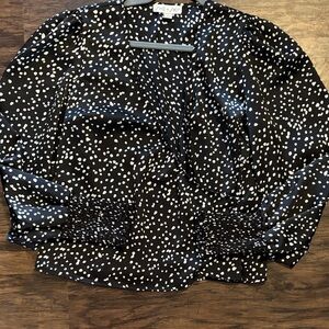 She + Sky Black Blouse with White Dot Print and Smocked Cuffs